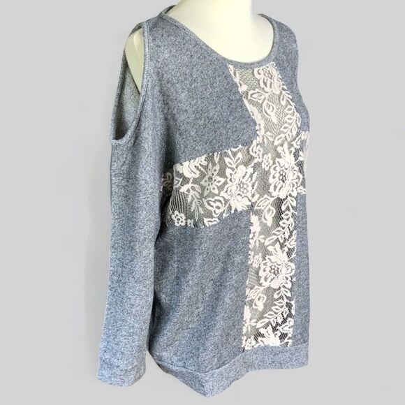 FOREVER 21 gray lace cold shoulder sweatshirt size M - Picture 1 of 11